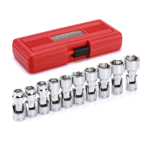 10PCS 3/8" Drive Universal Joint Socket Set, 6 Point, Metric Universal Flex Socket Set, CR-V, Swivel Head, 10mm - 19mm