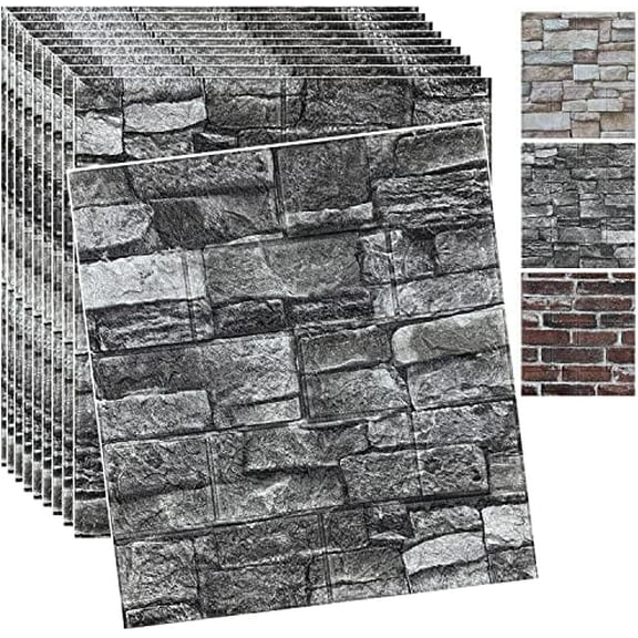 10PCS 3D Wall Panels Peel and Stick 3D Brick Wallpaper Peel and Stick Faux Stone Wall Panel Foam Brick Self-Adhesive Wallpaper (Black,10pcs)