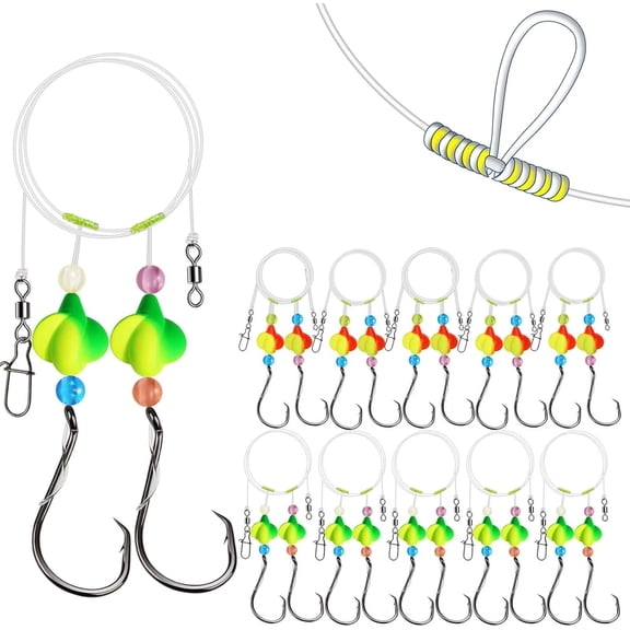 10PCS/4PCS Pompano Surf Fishing Rigs with Floats and Beads Pre-Rigged Double-Line T-Knot Circle Hooks Saltwater Fishing Gear & Tackle