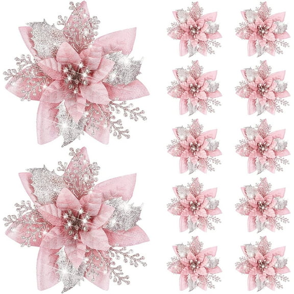 10PCS 5.7 Inch Artificial Poinsettias, Christmas Glitter Flowers with Clips, Xmas Tree Flower Ornament Poinsettias Decor