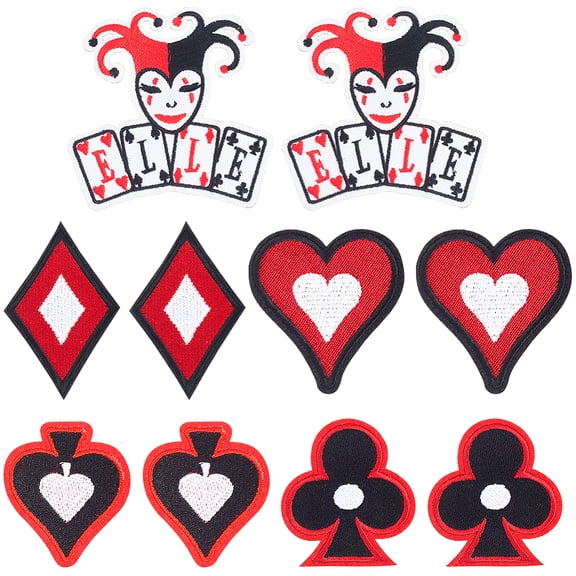 10PCS 5 Styles Poker Ace Clothes Patches Playing Card Suits Diamonds Spades Clubs Hearts Appliques Iron on Joker Embroidered Appliques