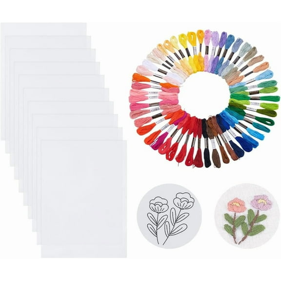 10PCS 7.9x11.4 Water Soluble Embroidery Paper with 50 Colors 6-Ply Polyester Embroidery Flosss Stabilizer Printable Paper Suitable for Hand and Machine Embroideries DIY