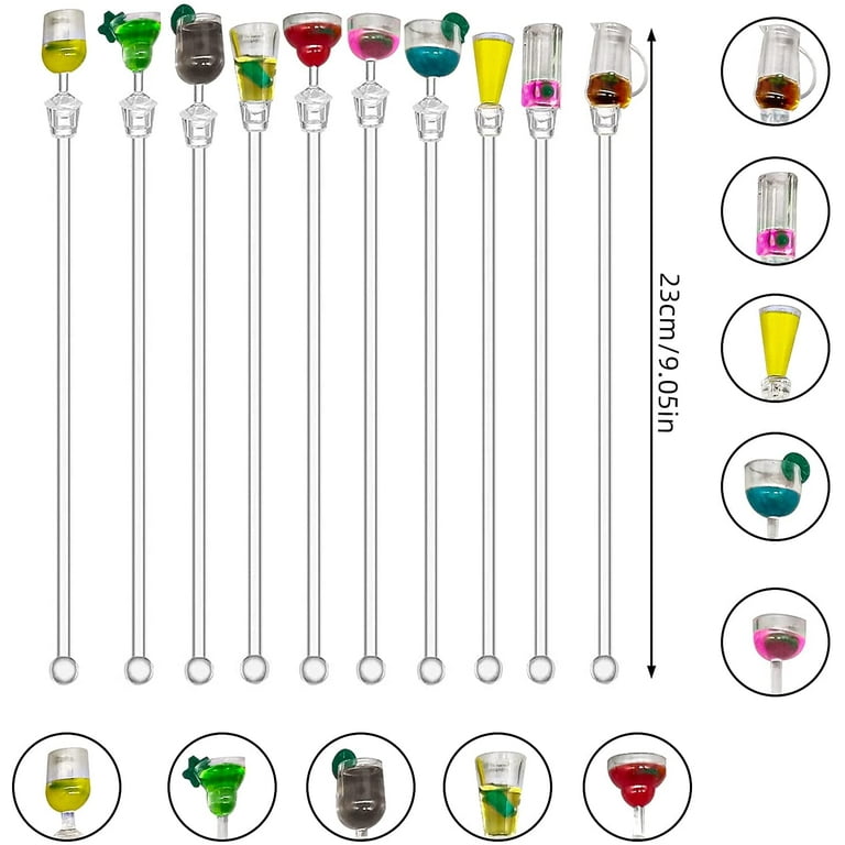 10 Pcs Colorful Sturdy Cocktail Stirrer Swizzle Sticks Transparent Acrylic 23cm/9inch for Cocktail Fruit Juice