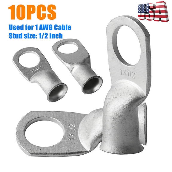 10PCS AWG 11/2" Battery Tinned Copper Cable Lugs Ring Terminals Wire Connectors