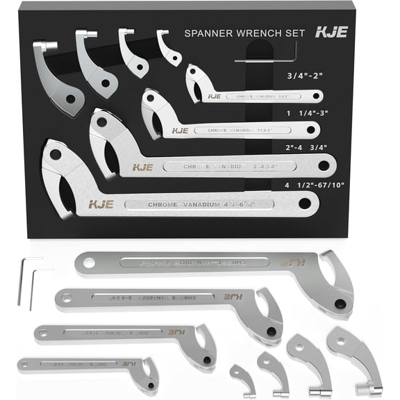 10PCS Adjustable Pin Spanner Nut Wrench Tool Set, C-Shape Pin Hook Wrench Tools with Replaceable Heads for Pipes Heating Cars, Coilover Wrenches for Suspension System, Bearing, 3/4" to 6-7/10"