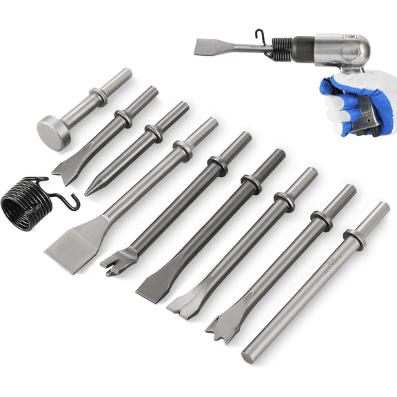 10PCS Air Hammer Chisel Set, Heavy Duty Pneumatic Chisels with 0.401" Shank, Carbon Steel Air Hammer Bits for Tile, Masonry, Concrete, Brick, Rust Removal, Rivet & Automotive Work, with Spring