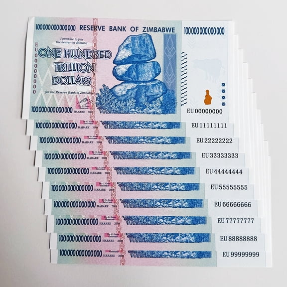 10PCS Amazing Zimbabwe 100 Trillion Dollars Banknote Solid Fancy Serial Numbers