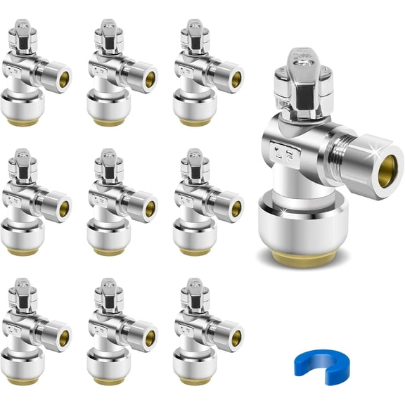 10PCS Angle Stop Valve, 1/2 x 3/8 Inch Compression Angle Water Shut Off Valve, Toilet Faucet Valve, Pushfit 1/4 Turn, No Lead Brass Push to Connect Plumbing Fitting for Copper, CPVC, PE-RT, PEX Pipe