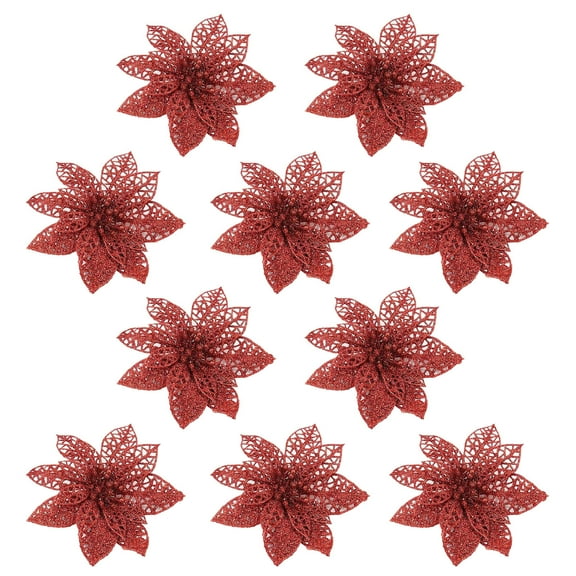 10PCS Artificial Poinsettia Flowers Ornaments, 3.9" Glitter Christmas Tree Wreath Simulation Flower Decorations, Xmas Ornament for Xmas Home Front Door Party Holiday Wedding Decor