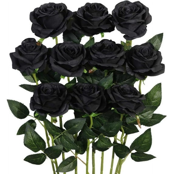 10PCS Artificial Roses Flower Silk Rose with Stem Realistic Artificial Long Stem Black Rose Valentine's Day Fake Roses Bouquet for Wedding Home Decoration