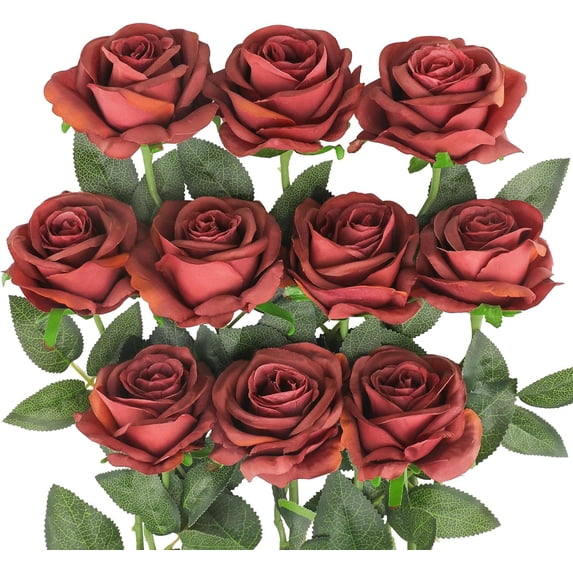 10PCS Artificial Roses Flower Silk Rose with Stem Realistic Artificial Long Stem Black Rose Valentine's Day Fake Roses Bouquet for Wedding Home Decoration