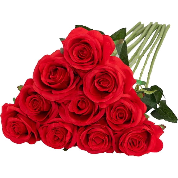 10PCS Artificial Silk Rose Flower Bouquet Lifelike Fake Rose Long Stem Flowers for Wedding Home Vase Table Party Decoration(Red)