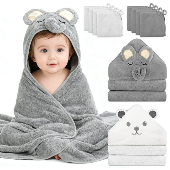 10PCS Baby Towels, 2 PCS Soft Hooded Baby Towels & 8 PCS Washcloths, Baby Bath Towels for Newborns, Infants & Toddlers- Ultra Absorbent, Cute Baby Towel Gifts for Boys