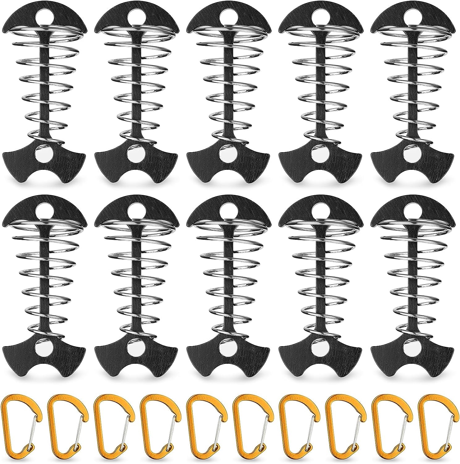 Fishbone Spring Pegs 10PCS Black Fishbone Deck Anchor Pegs with Carabiners, Aluminium Deck ...