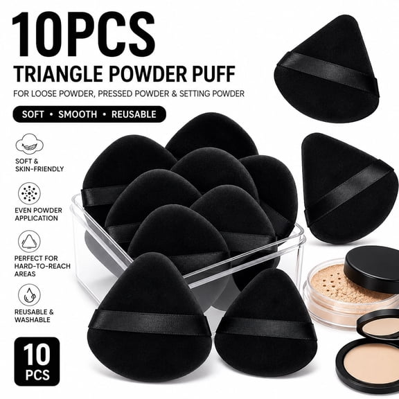 10PCS Black Triangle Powder Puff Makeup Applicator, Soft Velour Face Powder Puff for Loose Powder, Pressed Powder and Setting Powder, Reusable Cosmetic Puff with Finger Strap for Flawless Makeup Fini