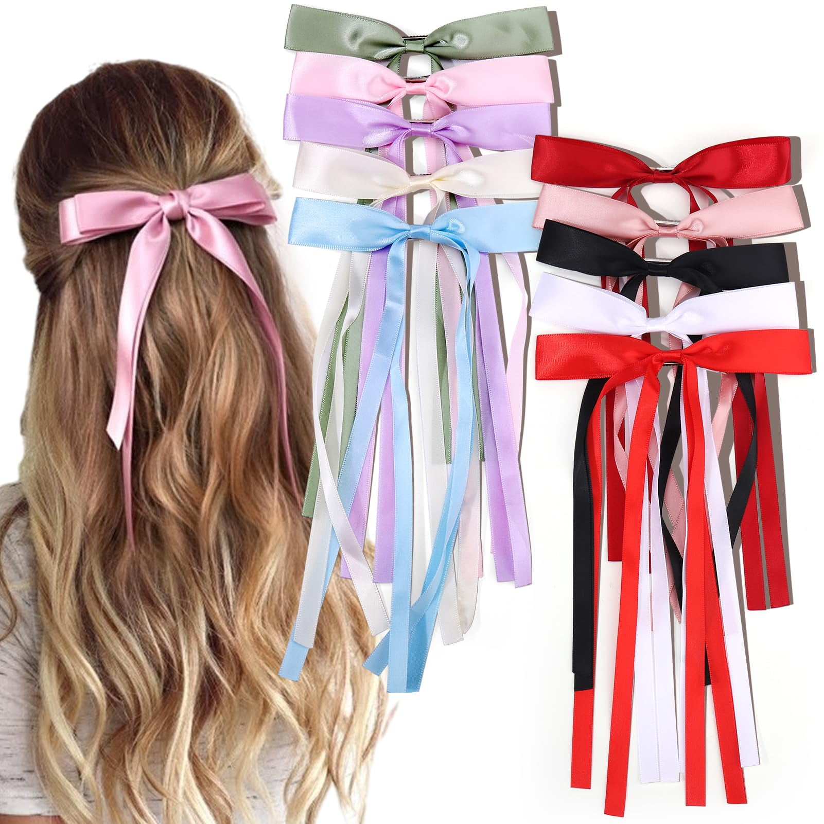 10PCS Bow Hair Clips for Women Girls, Tassel Hair Ribbon Ponytail Holder Accessories, Cute Metal Alligator Clips Barrettes Toddlers Kids Bows for Birthday Valentine's Day Gifts