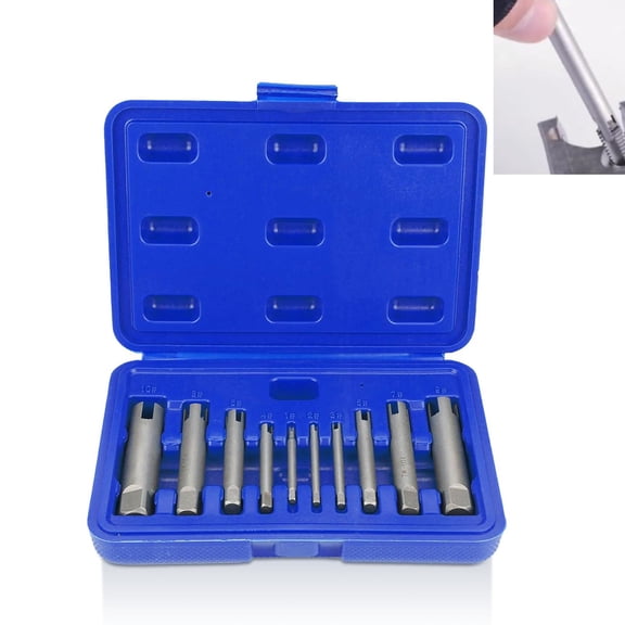 10PCS Broken Head Taps Remover Kit, 3/4 Flute Steel Stripped Screw Tap Extractor Set and Bolt Remover Tool with Storage Box for Stripped Screws, Industrial and Home Repair Work