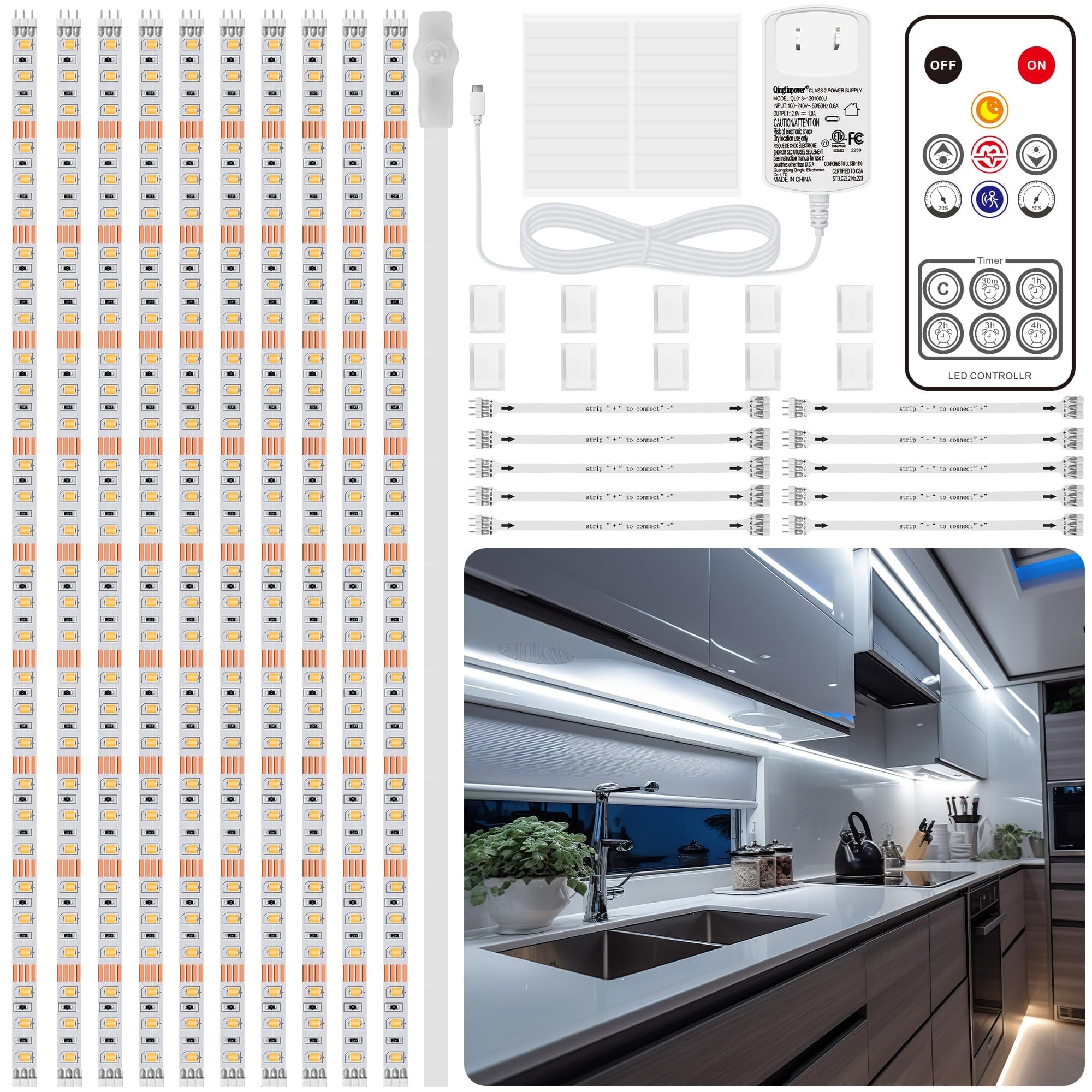 PANGTON VILLA Motion Sensor LED Strip Lights Kit, Dimmable with Timer ...