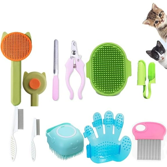 10PCS Cat & Dog Grooming Kit, Self-Cleaning Brush Removes Loose Hair, Pet Bath Brush, Massage Glove, Nail Clipper, Flea Comb