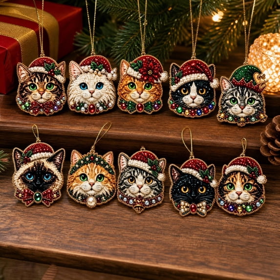 10PCS Cat Ornaments Christmas Diamond Art Kits for Adults Christmas Ornaments Set Christmas Tree Decorations DIY Pearl Diamond Art Kits Hanging Christmas Ornaments Christmas Decor Craft