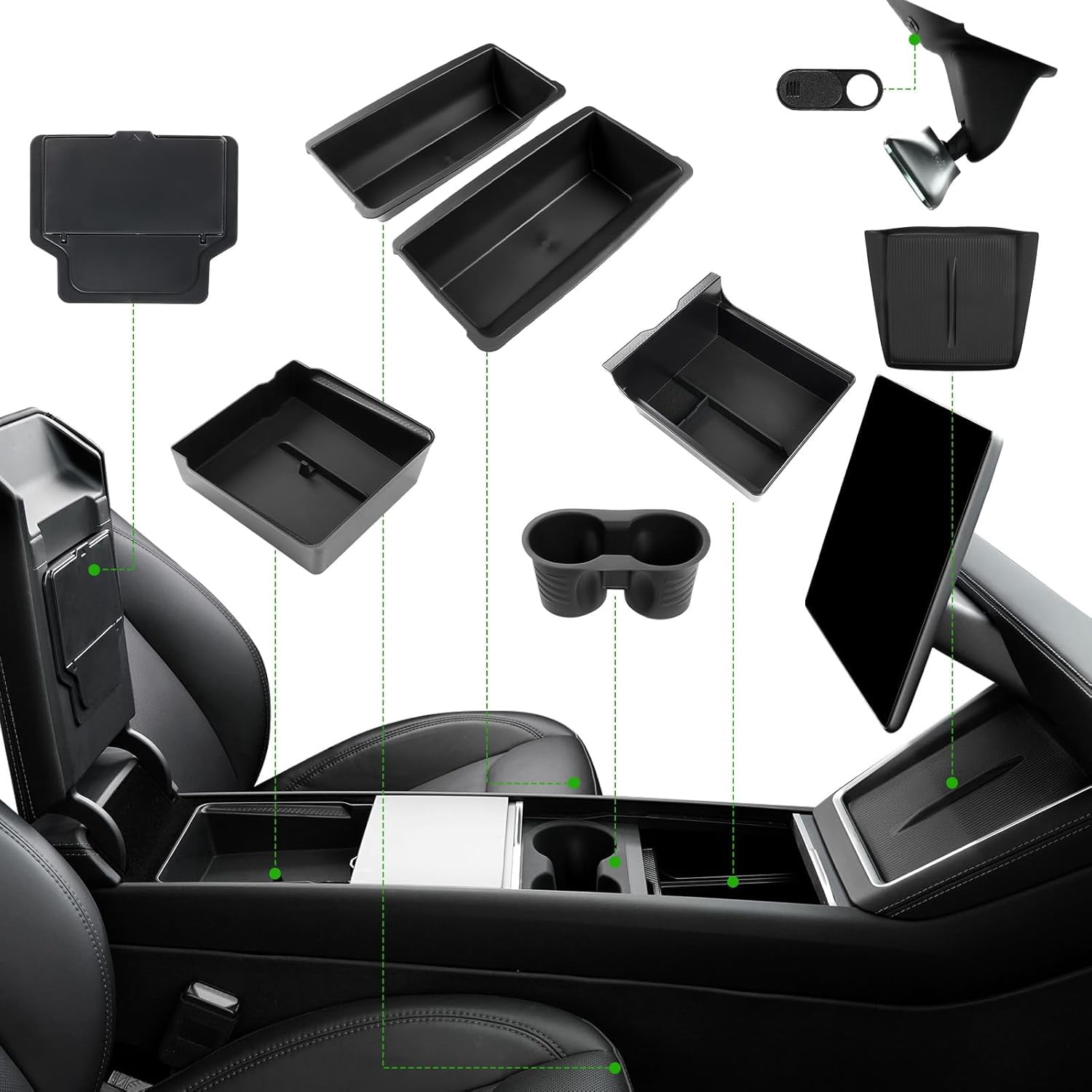 10PCS Center Console Organizer Tray for 2025 2026 Tesla Accessories, Under Seat Storage Armrest Hidden Storage Box Cup Holder Charger Pad for Tesla