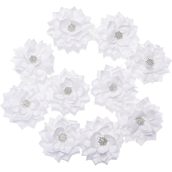 10PCS Chiffon Fabric Flowers Rhinestone Ruffled Fabric Flower for Crafts Chiffon Flowers DIY Rhinestone for Dress Shoes DIY Projects Ribbon Bows Hair Accessories 3.5x0.4inch White 10pcs