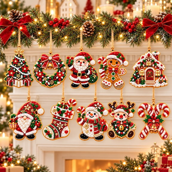 10PCS Christmas Diamond Art Ornaments Kit for Adults, DIY Wooden Christmas Tree Hanging Decorations with Pearls and Rhinestones, Holiday Crafts and Christmas Ornament Making Kit