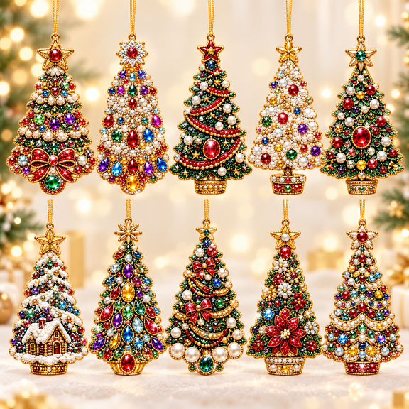 10PCS Christmas Diamond Art Ornaments Kit, DIY Pearl Christmas Tree Ornaments with Rhinestones, 10 Unique Designs Hanging Christmas Decorations for Tree, Window, Mantel, Holiday Crafts for Adults