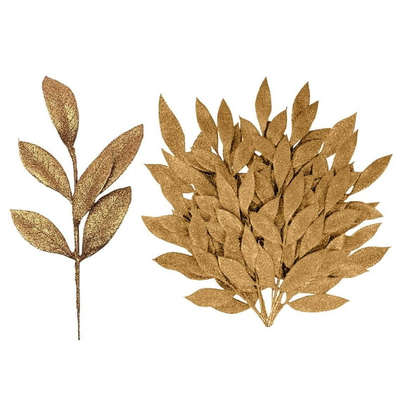 10PCS Christmas Glitter Leaves Bay Leaves Spray Artificial Champagne Bay Leaf Picks Sprays Giltter Stems for Christmas Tree DIY Xmas Wreath Garland Home Decor -GOLD