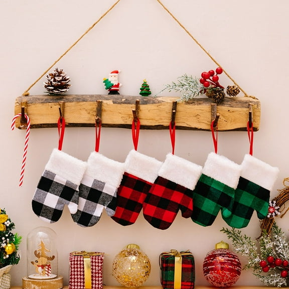 10PCS Christmas Mitten Stocking Buffalo Plaid Stockings Plaid Ornaments Mini for Holiday Christmas Tree Decoration Family