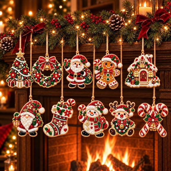10PCS Christmas Ornaments DIY Pearl Diamond Art Kits for Adults (#O) | Christmas Pearl Art Kits for Adults Wooden with Twine for Holiday Hanging Diamond Painting Ornaments Christmas Tree Decor