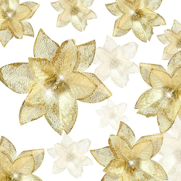 10PCS Christmas Tree Glitter Poinsettia Flower Artificial Xmas Silk Flowers Christmas Tree Ornaments for Christmas Tree Wreaths Garland Wedding Party Decoration (Gold)