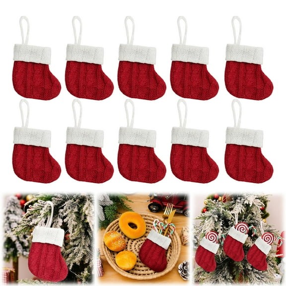 10PCS Classic Knit Christmas Stockings Set - Small Red Traditional Stockings for Fireplace, Tree & Holiday Hanging Decorations