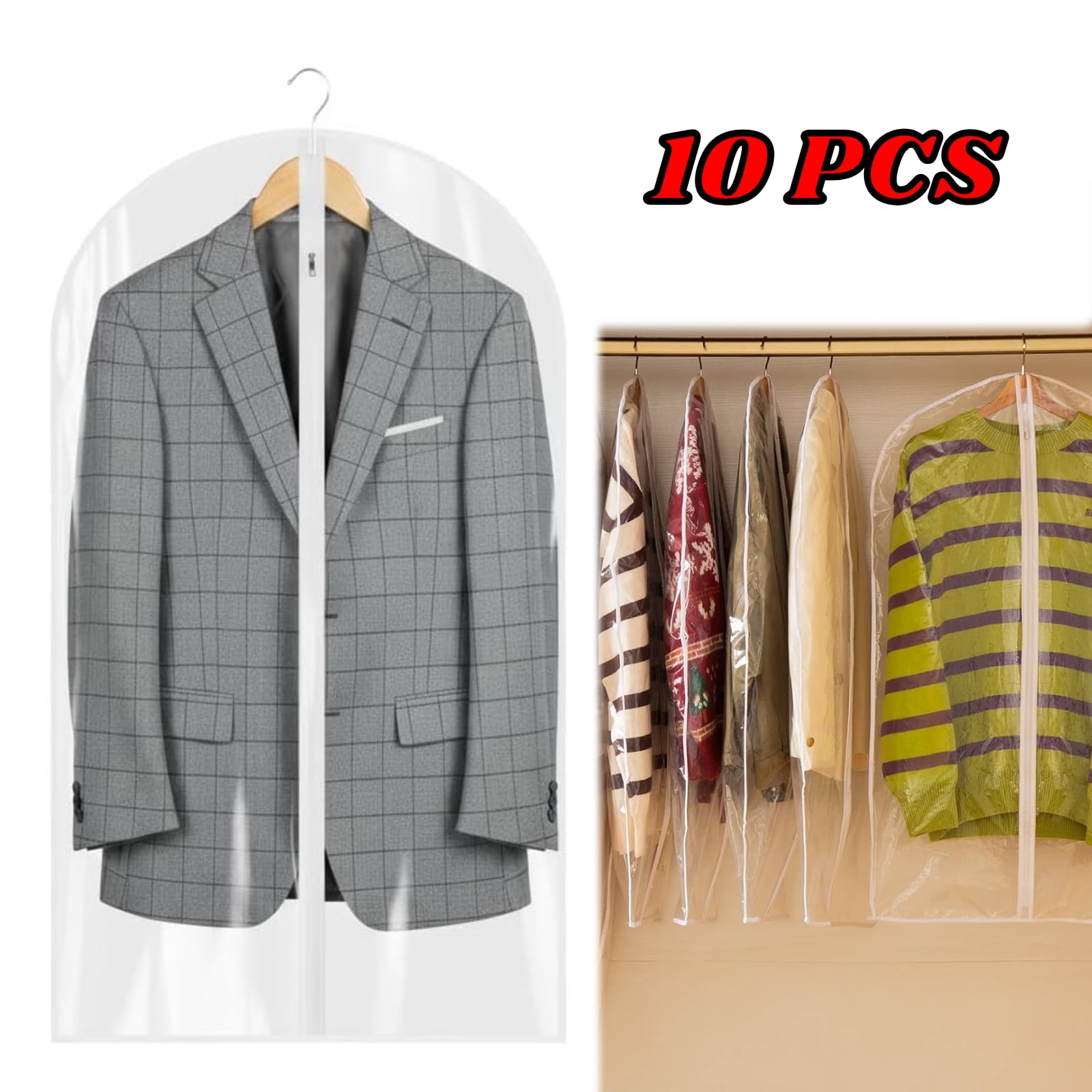 10PCS All Clear Garment Bags for Travel - Waterproof Suit Cover with Zipper for Hanging Clothes, Dresses, Coats - Durable Dresser for Closet Storage, Dustproof & Moisture Resistant