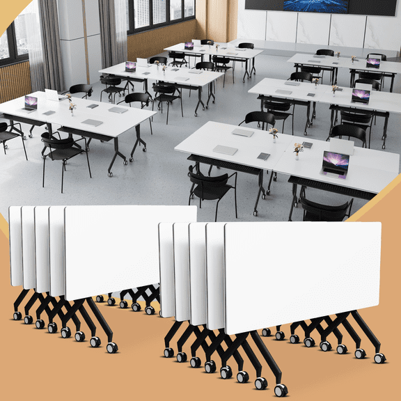 10PCS Conference Room Tables,55.1IN Folding Conference Table with Wheels,White Modular Conference Table,Rectangular Meeting Table for Office School Classroom Library Home