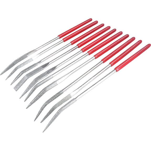 10PCS Curved Mini Diamond Needle File Set Bent Small Metal Riffler Files Hand Tools for Glass Wood Stone Jewelry - Round Triangular Square Flat Shape 3x140mm
