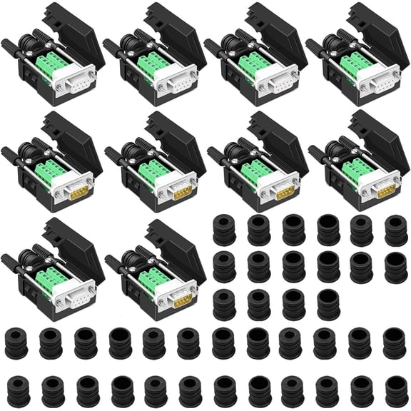10PCS DB9 Breakout Connector, 5PCS Male 5PCS Female DB9 Solderless RS232 D-SUB Serial to 9-pin Port Terminal Adapter Connector Breakout Board with Case Long Bolts Tail Pipe