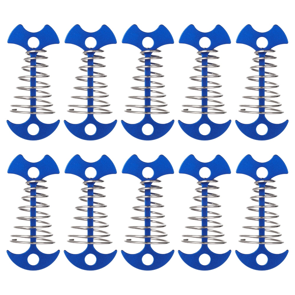 10PCS Deck Anchor Pegs, Windproof Aluminum Alloy Fishbone Tent Stakes Spring Buckle, Portable Nail-blue