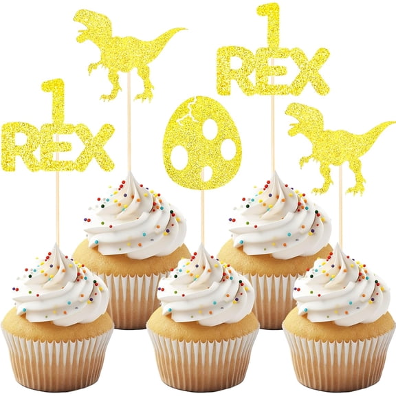 10PCS Dinosaur Cake Topper Set Gold 1 Rex Glitter Picks for Cupcakes Decor Gender Reveal Dinosaur Themed Birthday Parties Decoration