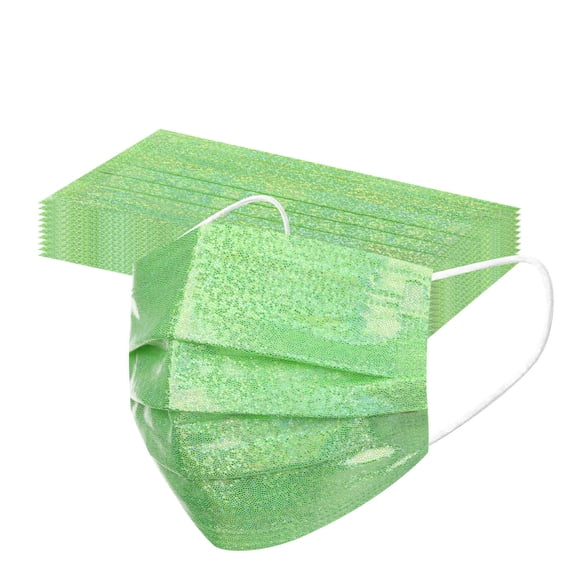 10PCS Disposable Sparkly Face Masks for Women, Breathable 3-Ply Glitter Fashion Mask with Adjustable Nose Wire & Elastic Ear Loop for Daily & Party (Green)
