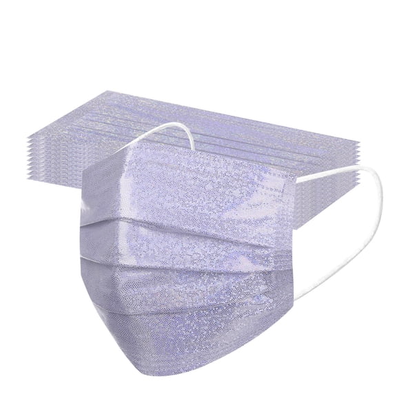 10PCS Disposable Sparkly Face Masks for Women, Breathable 3-Ply Glitter Fashion Mask with Adjustable Nose Wire & Elastic Ear Loop for Daily & Party (Purple)