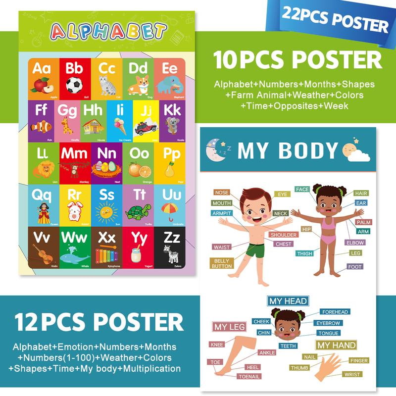 10PCS Educational Preschool Posters for kids Alphabet, Numbers, Farm ...
