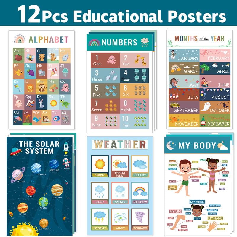 10PCS Educational Preschool Posters for kids Alphabet, Numbers, Farm ...