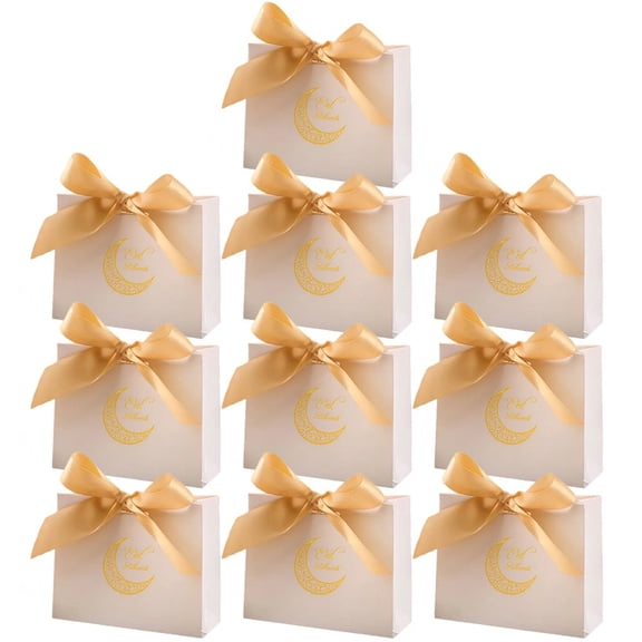 10PCS Eid Gift Bags Ramadan Snack Bags with Gold Ribbon, Reusable Eid Mubarak Bags for Presents Festive Party Wrapping