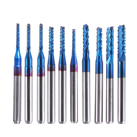 10PCS Engraving Router Bits, Torqee Tungsten Carbide End Mill Set, Blue Coated High Hardness Cutting Tools, for Wood Carving, Milling and Craft Projects