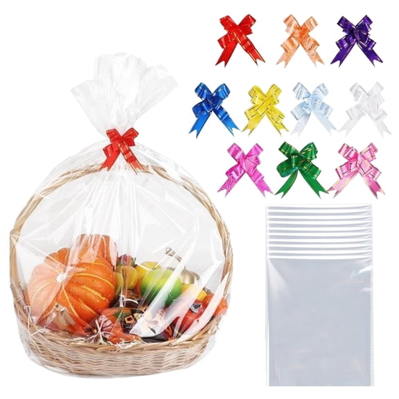 10PCS Extra Large Cellophane Wrap for Gift Baskets, 35x55 Inch Clear Gift Bags with 10 Colorful Bows, Thicker Cellophane Gift Bags for Gift Basket Wrap, Gift Giving,Clear,27.6x19.7"