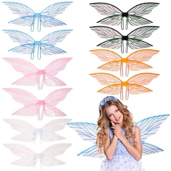 10PCS Fairy Wings, 5 Colors Transparent Mesh Butterfly Wings with Shimmer Film & Elastic Straps, Lightweight Fairy Dress Up Accessories for Adults Younster, Halloween Cosplay, Party