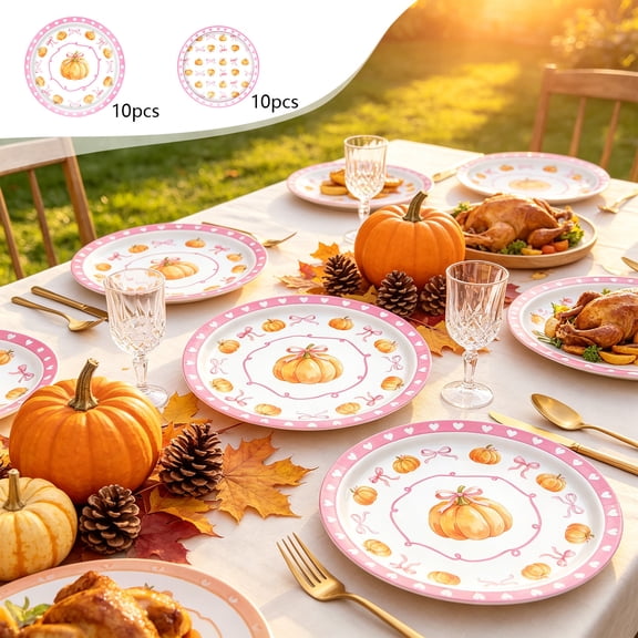 10PCS Fall Bow-ties Pumpkin Paper Plates, Multicolor Watercolor Motif Disposable Dinnerware, Thanksgiving Party Table Setting for Family Feast, 9", Lazyguy