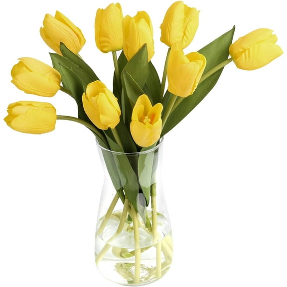 10PCS Faux Flowers with Vase, Faux Silk Tulip Flower Artificial Flowers Bouquet in Glass Vase, Faux Flower Arrangement with Vase for Home Office Decoration, Dining Table Centerpiece Fake Tulips