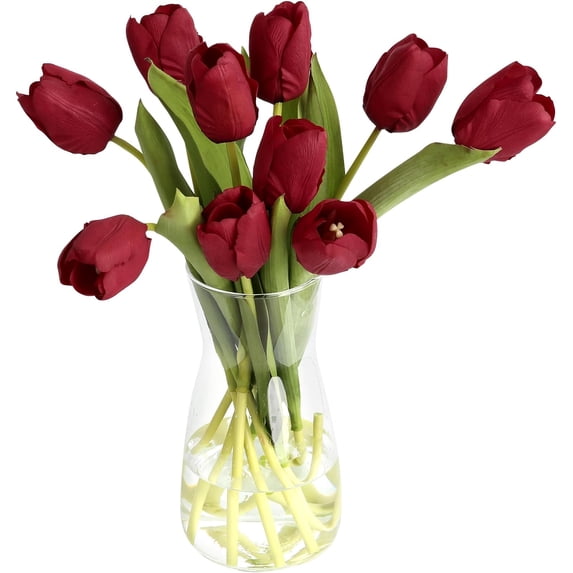 10PCS Faux Flowers with Vase, Faux Silk Tulip Flower Artificial Flowers Bouquet in Glass Vase, Faux Flower Arrangement with Vase for Home Office Decoration, Dining Table Centerpiece Fake Tulips